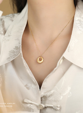 金店同款沙金拉丝金坨坨S925纯银项链女新中式平安扣小金坨锁骨链