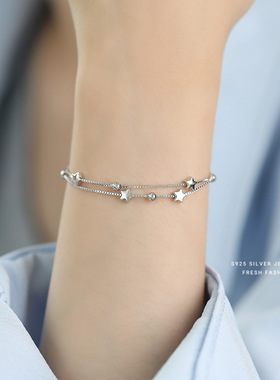 韩版S925银创意极简光面星星手链女双层叠戴ins百搭质感素银手饰