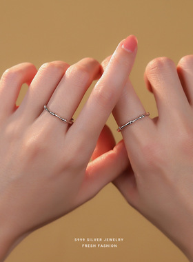 s999纯银竹节情侣戒指简约小众开口对戒创意青梅竹马足银指环纯银
