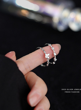 S925纯银编织麻花锆石蝴蝶戒指爱心女韩版时尚轻奢感情人节开口戒