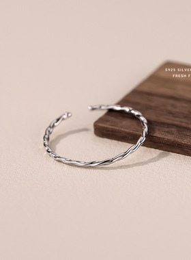 韩版麻花素圈细戒指女s925纯银极简风百搭叠戴指环开口食指戒