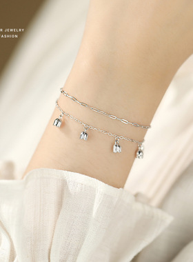 韩版S925纯银小清新流苏铃兰花手链女双层叠戴风素银质感手饰百搭