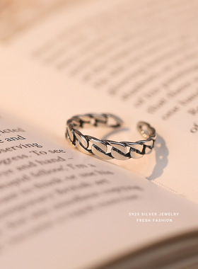 s925纯银泰银麻花链链条戒指女时尚做旧小众个性设计可调节开口戒