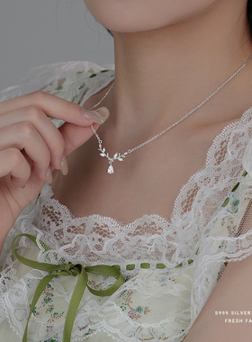 轻奢百搭月桂女神项链女s999纯银小众高级感树叶锆石锁骨链足银