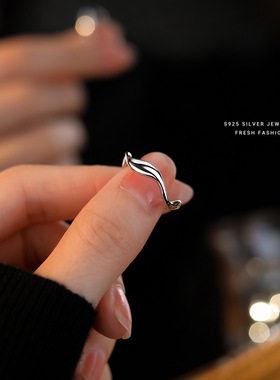 s925纯银几何波浪戒指女简约高级网红风极简百搭不规则开口戒精品