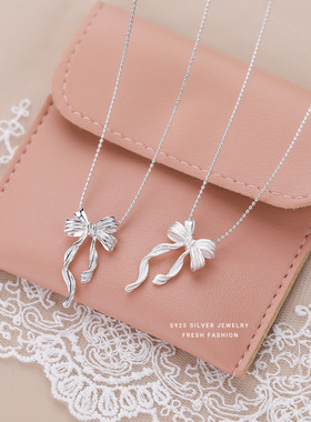 仙女风蝴蝶结绸带项链女s925纯银甜美百搭圆珠锁骨链轻奢高级感