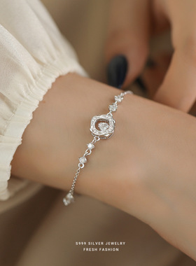 S999纯银莫比乌斯灵动爱心手链女时尚轻奢玫瑰花手环礼物送女朋友