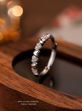 心连心微镶锆石爱心戒指女s999纯银开口百搭韩版轻奢指环足银手饰