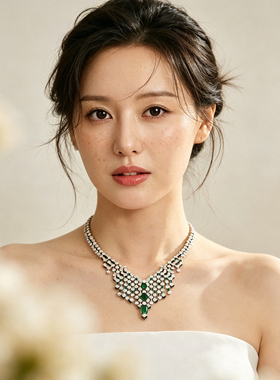 法式奢华高级感彩色绿色重工华丽宫廷风新娘晚宴礼服项链耳环配饰