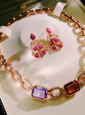 轻奢彩色水晶镶钻项链耳环套装