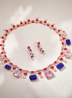 法式粉钻晚宴礼服锁骨链choker彩色高级感新娘项链耳环套装重工女