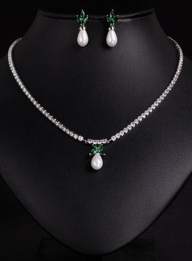 魔猫昭昭镀金镶嵌锆石银色轻奢珍珠项链新娘结婚礼服首饰婚纱绿色