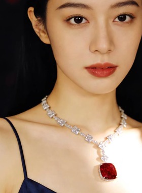 高级感方钻红宝石晚礼服项链大气