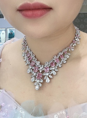 法式奢华重工粉钻新娘晚宴礼服项链耳环套装高级感舞会晚装锁骨链