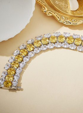 奢华钻石枕形黄钻蛋形白钻锆石三排黄钻石流苏手链时尚高贵魔猫