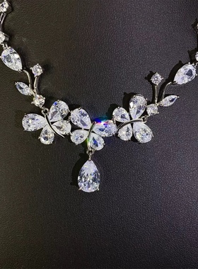 魔猫昭昭法式新款简约花朵锆石新娘项链礼服婚纱宴会生日演出套链