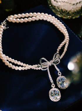 法式复古珍珠蝴蝶结双层锁骨链