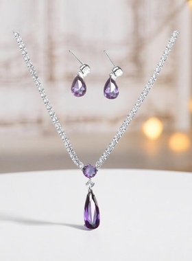 高级感奢华镀银礼服结婚合成镶嵌闪耀新娘婚纱项链耳环蓝色套装闪