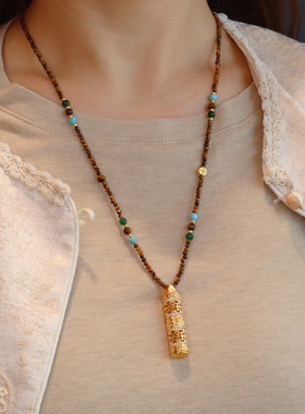 秋冬天然虎眼石毛衣链沙金项链