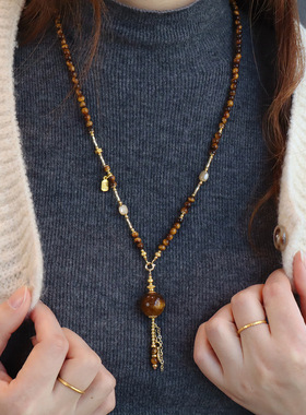 轻奢天然虎眼石项链长秋冬毛衣链