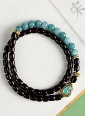 天然紫檀双圈手串蓝水葫芦文玩