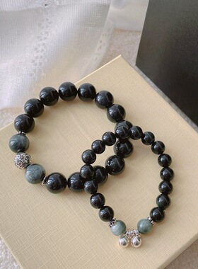 天然黑曜石铃铛手链男女情侣款