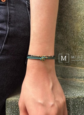 Midjill原创 简约中性复古气质墨绿色手工编织铜元素双层叠戴手绳