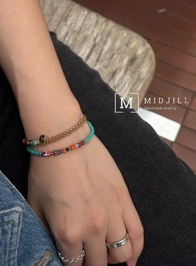 boho时尚复古彩色拼接湖蓝色串珠做旧925银扣手链小众限量设计