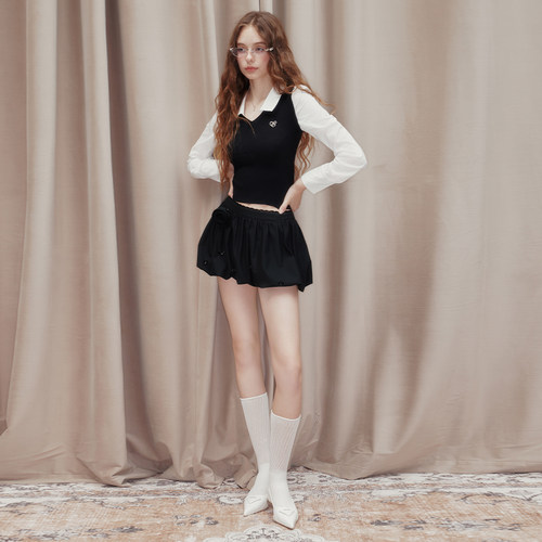 Mess Studio 辣妹毛织拼接衬衣修身条纹假两件上衣长袖衬衫女短款 - 图0