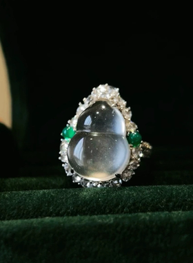 新中式国风天然水沫玉葫芦福禄戒指女925银镀18K白金