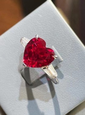 925银镀金 高碳钻 鸽血红 培育合成 红宝爱心 女礼物 情人节戒指