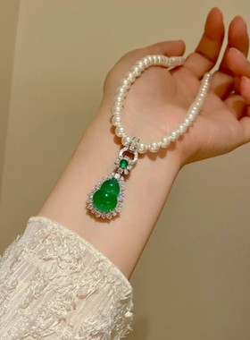 新中式国风新版绿件玉髓满镶绿葫芦福禄吊坠项链女925纯银高碳钻