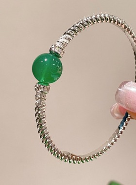 925银镀金 新中式国风 出口外贸 翡翠平替 天然绿玉髓扭扭手镯