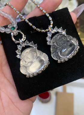 纯银纯天然水沫玉莲花佛公笑口常开招财