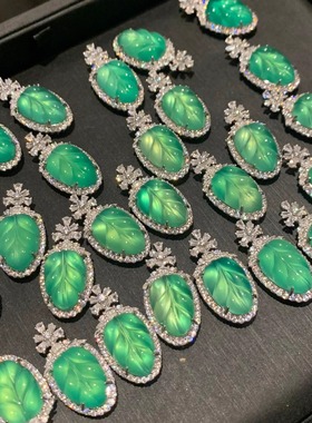 S925银镶高碳钻缅甸天然A货绿玉髓冰种阳绿叶子吊坠项链