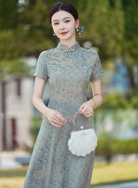 显瘦妈妈装奥黛新中式改良旗袍2025新款女国风复古短袖连衣裙