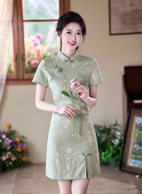 2025春夏新款旗袍竹节麻印花前开叉短款小个子新中式小清新女