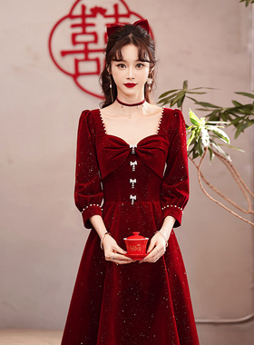 敬酒服新娘2025新款春夏季酒红色结婚回门礼服女感订婚连衣裙