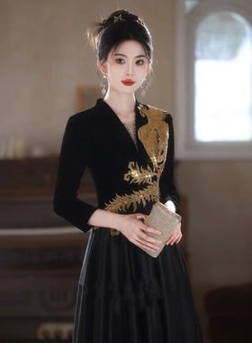 晚礼服女感黑色长袖高端大气年会主持人声乐艺考合唱团演出服