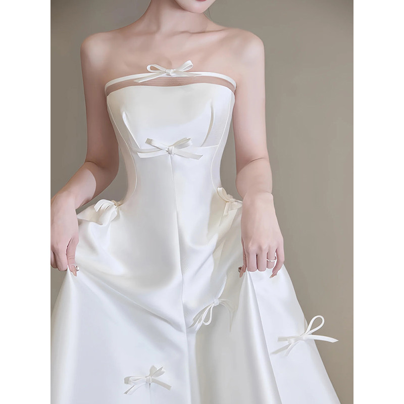 缎面抹胸高级感轻婚纱新娘结婚法式出门纱轻奢白色简约小拖尾礼服,淘宝优惠券,粉丝福利购,淘宝优惠卷