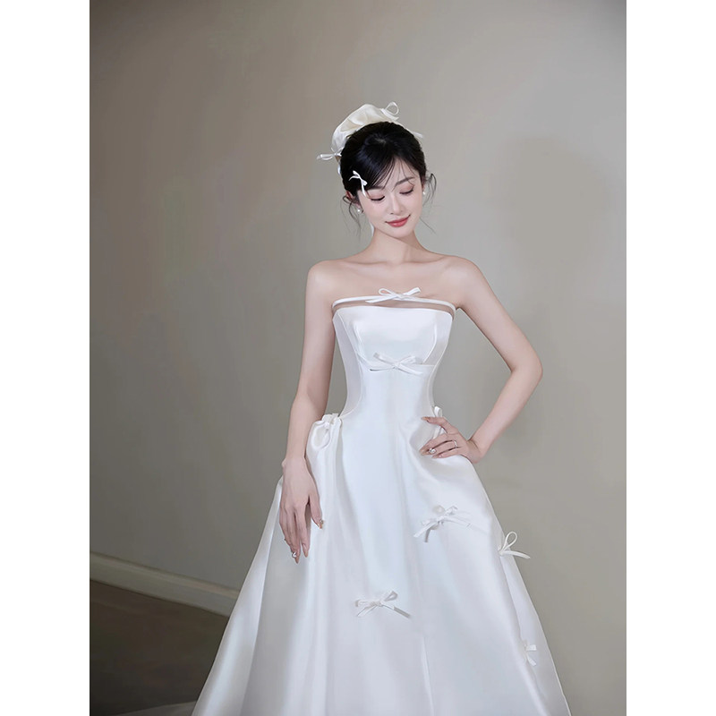 缎面抹胸高级感轻婚纱新娘结婚法式出门纱轻奢白色简约小拖尾礼服,淘宝优惠券,粉丝福利购,淘宝优惠卷