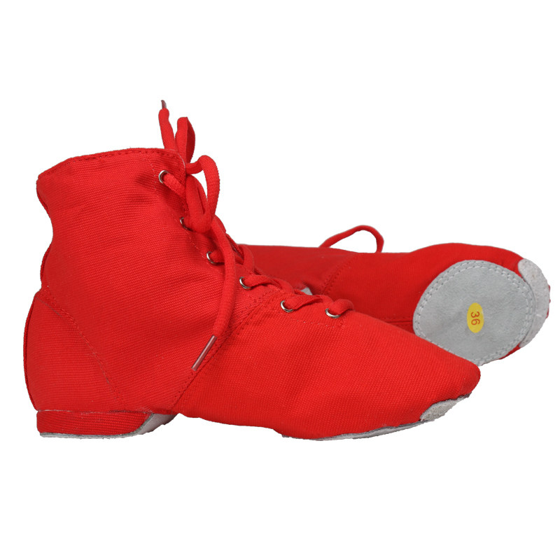 舞蹈鞋爵士靴女式红色帆布爵士鞋高帮练功鞋芭蕾儿童舞鞋软底