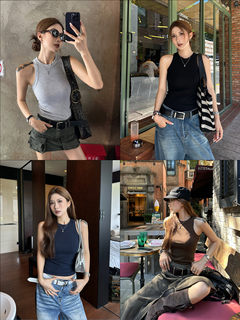 Fangting shoulder-shouldered racer-shaped vest for women, summer short suspender wear, black slim-fitting sleeveless knitted top