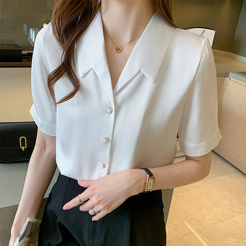 衬衫女夏2025新款简约宽松雪纺短袖职场上班工作服衬衣气质女神范 - 图1