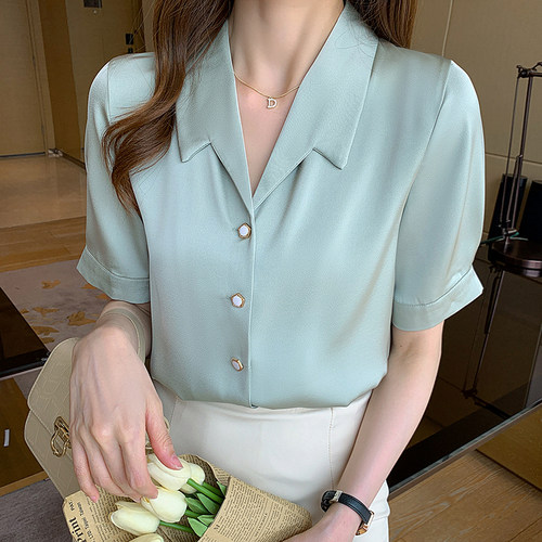 衬衫女夏2025新款简约宽松雪纺短袖职场上班工作服衬衣气质女神范 - 图3
