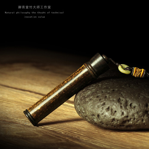 天然竹制纯手工雕刻香囊黑檀木镶嵌 牙签筒 香筒 香粉瓶 竹签筒 - 图2