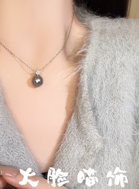 灰色珍珠锆石吊坠项链女秋冬简约小众高级感锁骨链新款毛衣链配饰