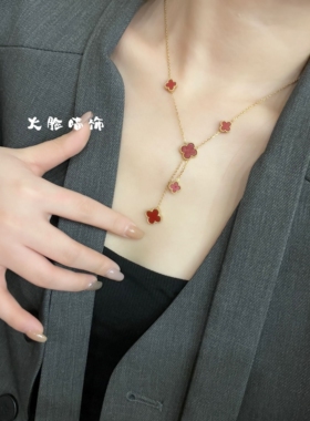 高级感大小双面四叶花项链女锁骨链轻奢流苏吊坠时尚个性饰品百