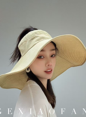 格小梵·正品黑武士!棉麻15cm超大帽檐扎马尾防晒帽女夏户外帽