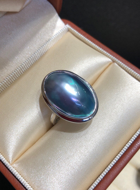 坚实德盾牌蓝银色马贝戒指宽面设计更有层次纯银开口S925